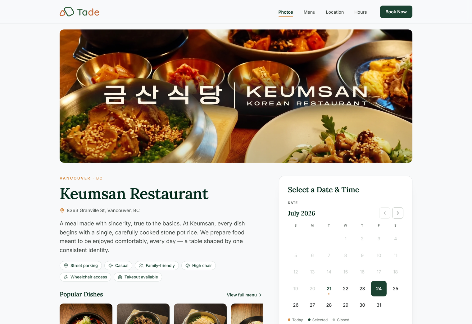Tade reservation page on desktop